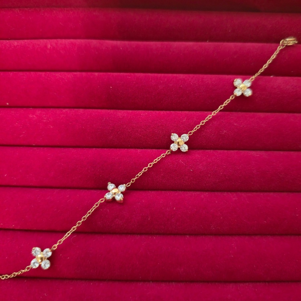 Gold Plated Stainless Steel Floral Cubic Zirconia Dainty Chain Bracelet 6-8in
